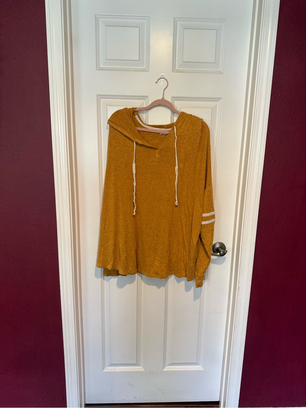 Maurices Mustard Hooded Pullover Sweater with Stripe Sleeve